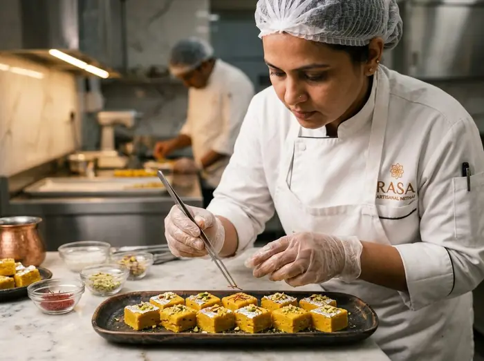 Artisan chef garnishing sweets with tweezers in clean commercial kitchen